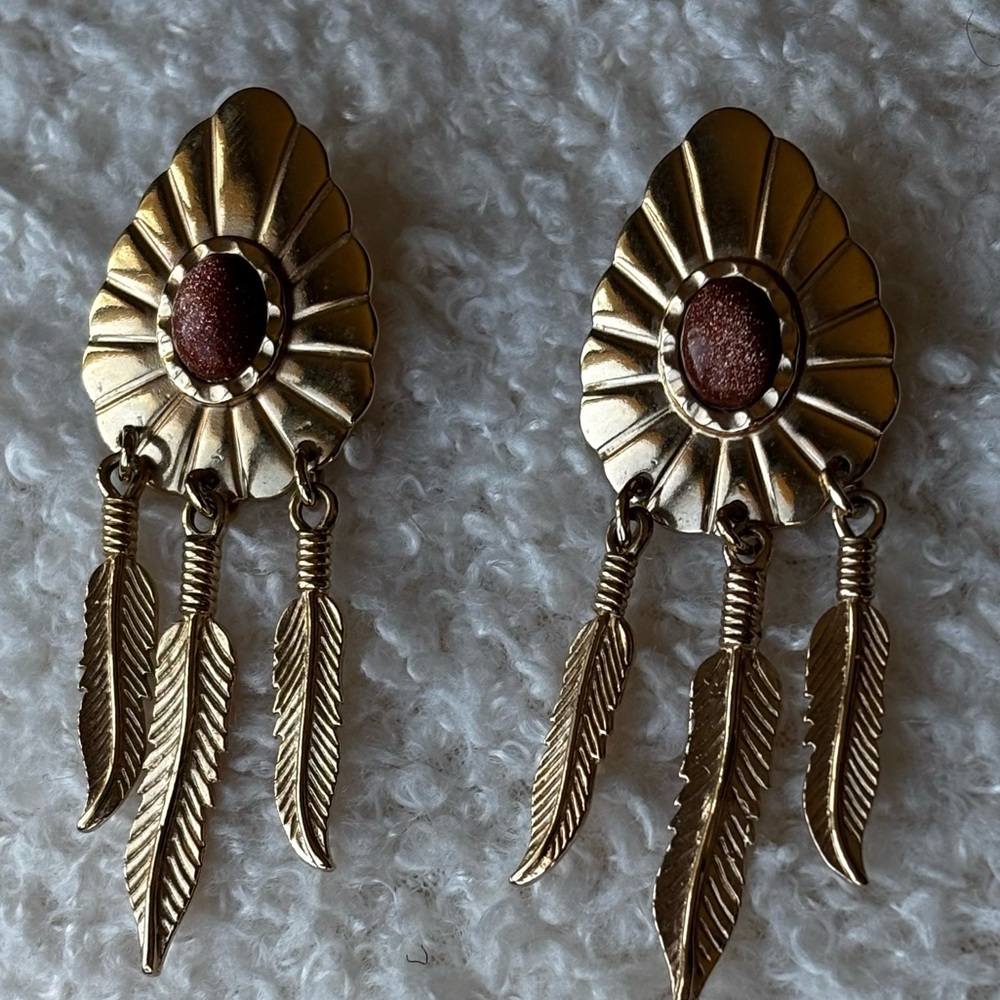 feather dangle earrings gold-tone bohemian reddish brown stone accent